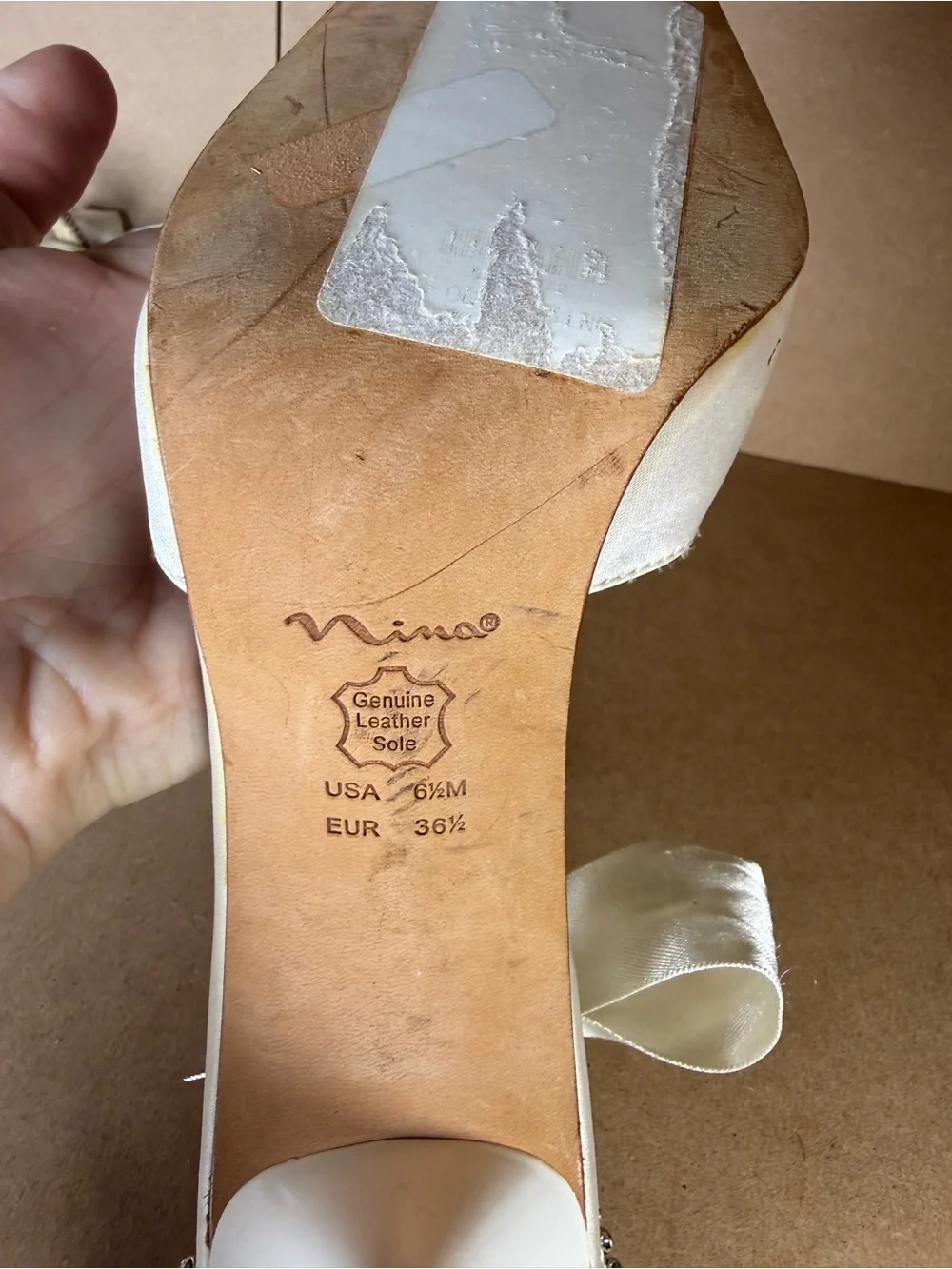 Nina White Satin Leather Pumps Heels Bow Rhinestone Ankle Wrap Size 6.5 6 1/2